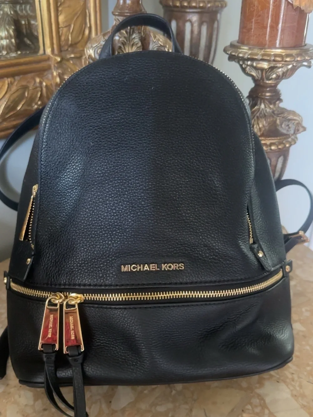Michael Kors Black Leather Backpack with Gold Hardware Accents